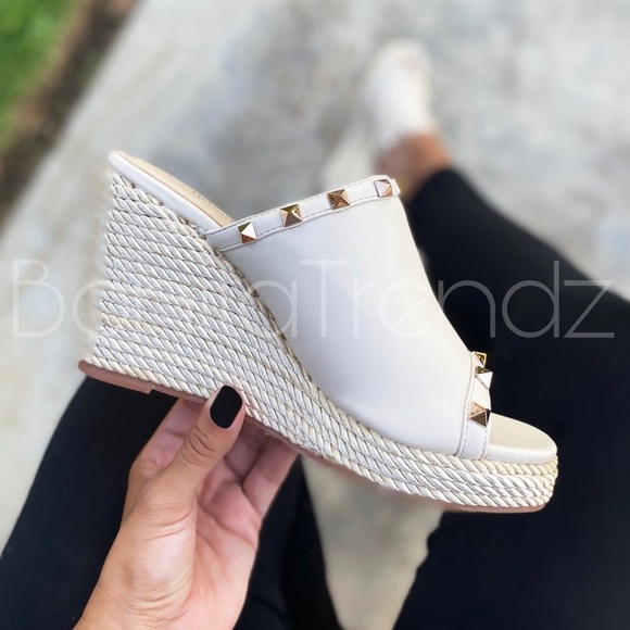 Bonita_Trendz Shoes - Faux Leather Beige Rockstud Rope Espadrilles Wedges Sandals